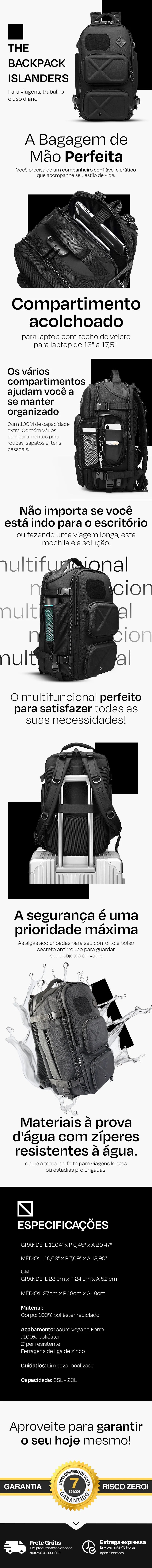 Mochila Backpack Islanders- Para viagens, trabalho e uso diário